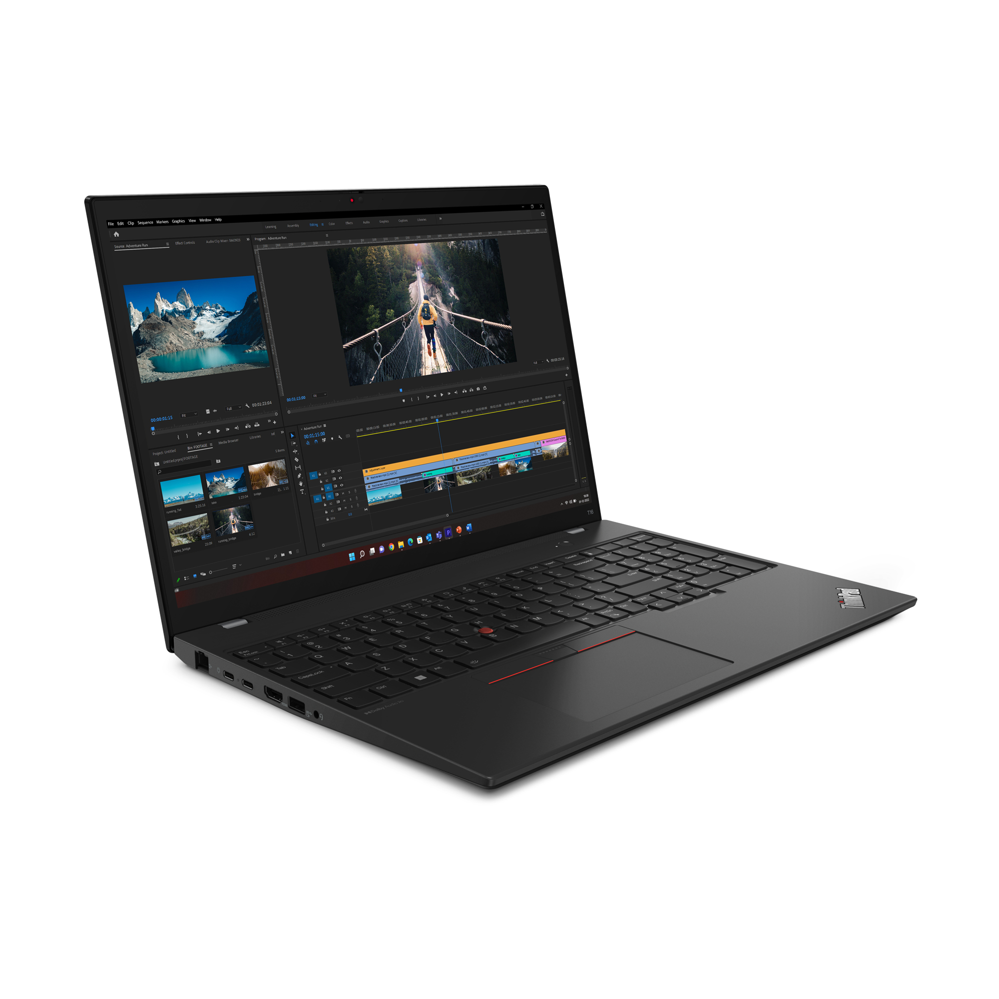 Un laptop nero che mostra un'interfaccia software di video editing, angolato a sinistra.