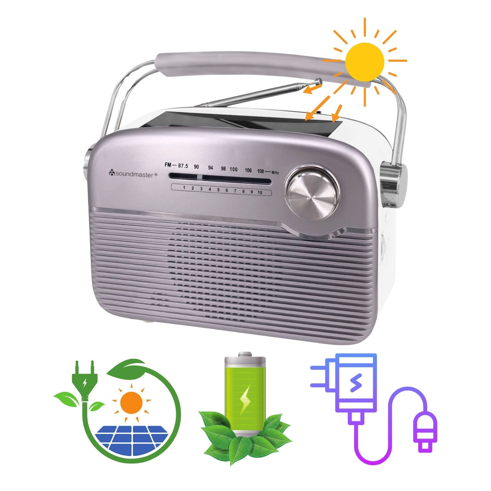 Silbernes Radio mit Griff und Solarpanel-Symbol. Es hat ein Einstellrad und ein Batteriesymbol.