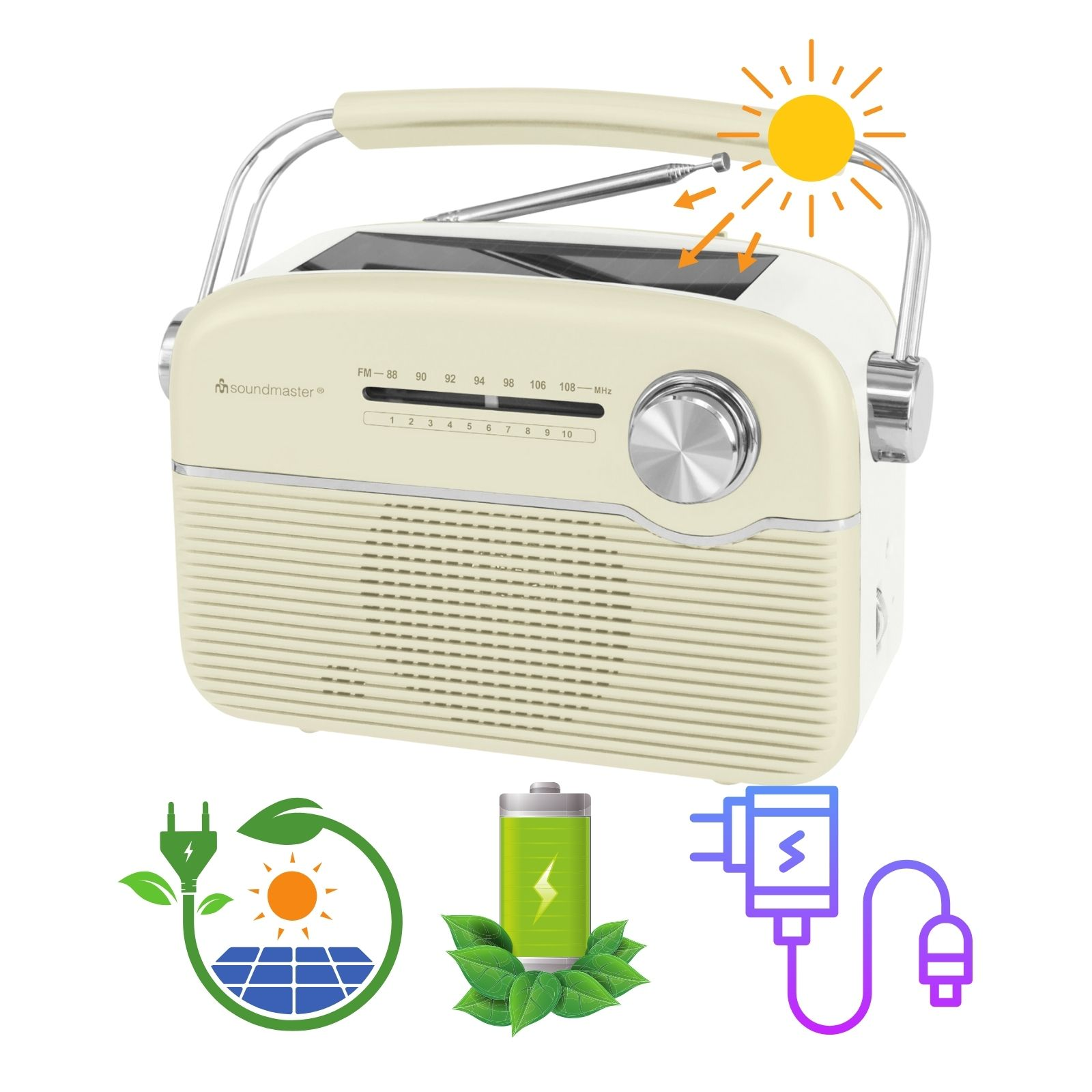 Cremefarbenes Vintage-Radio mit Solarpanel, Batterie- und Ladesymbolen.
