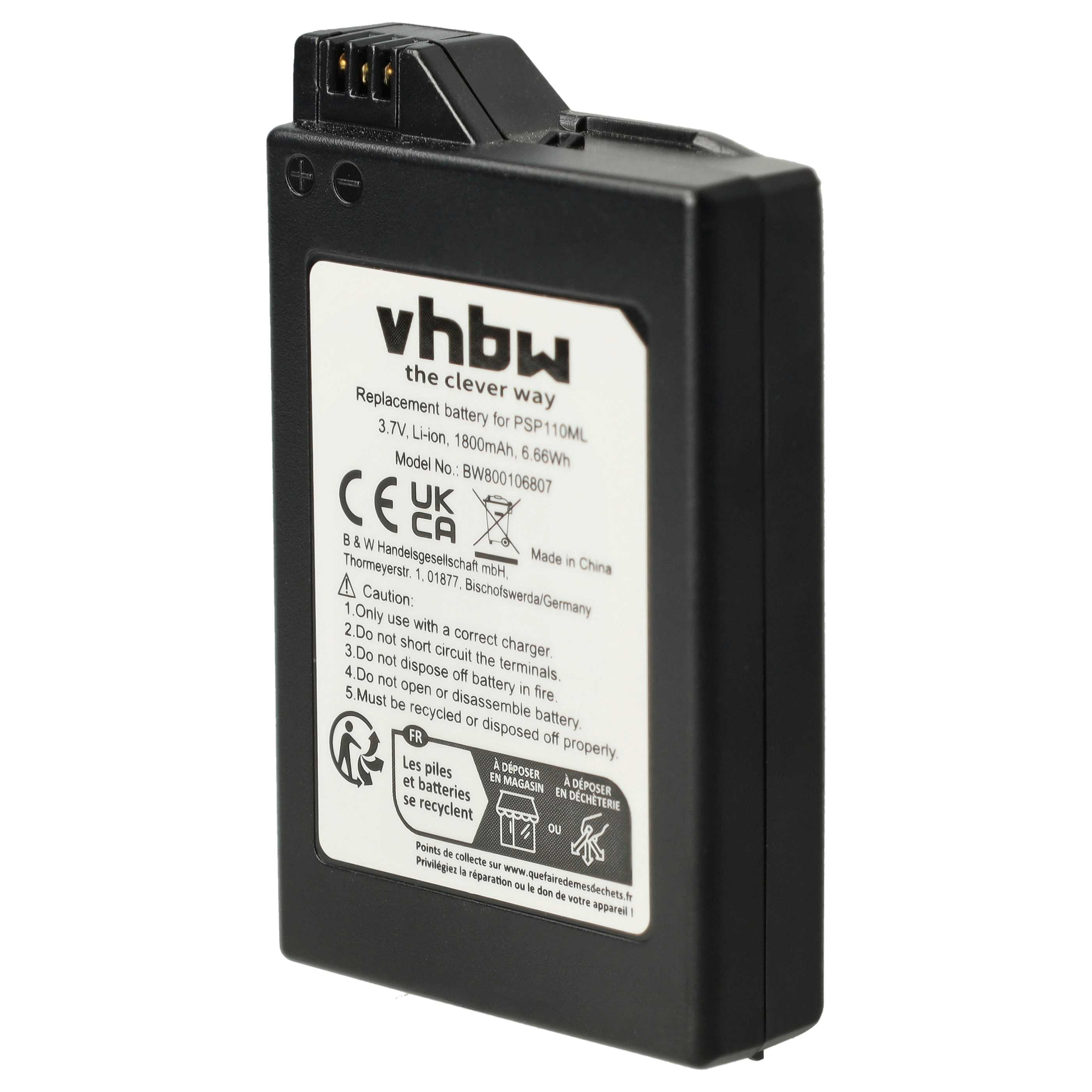 Schwarze Batterie mit weißem Etikett, das Warnhinweise und Informationen anzeigt. Ersatzbatterie auf Weiß.