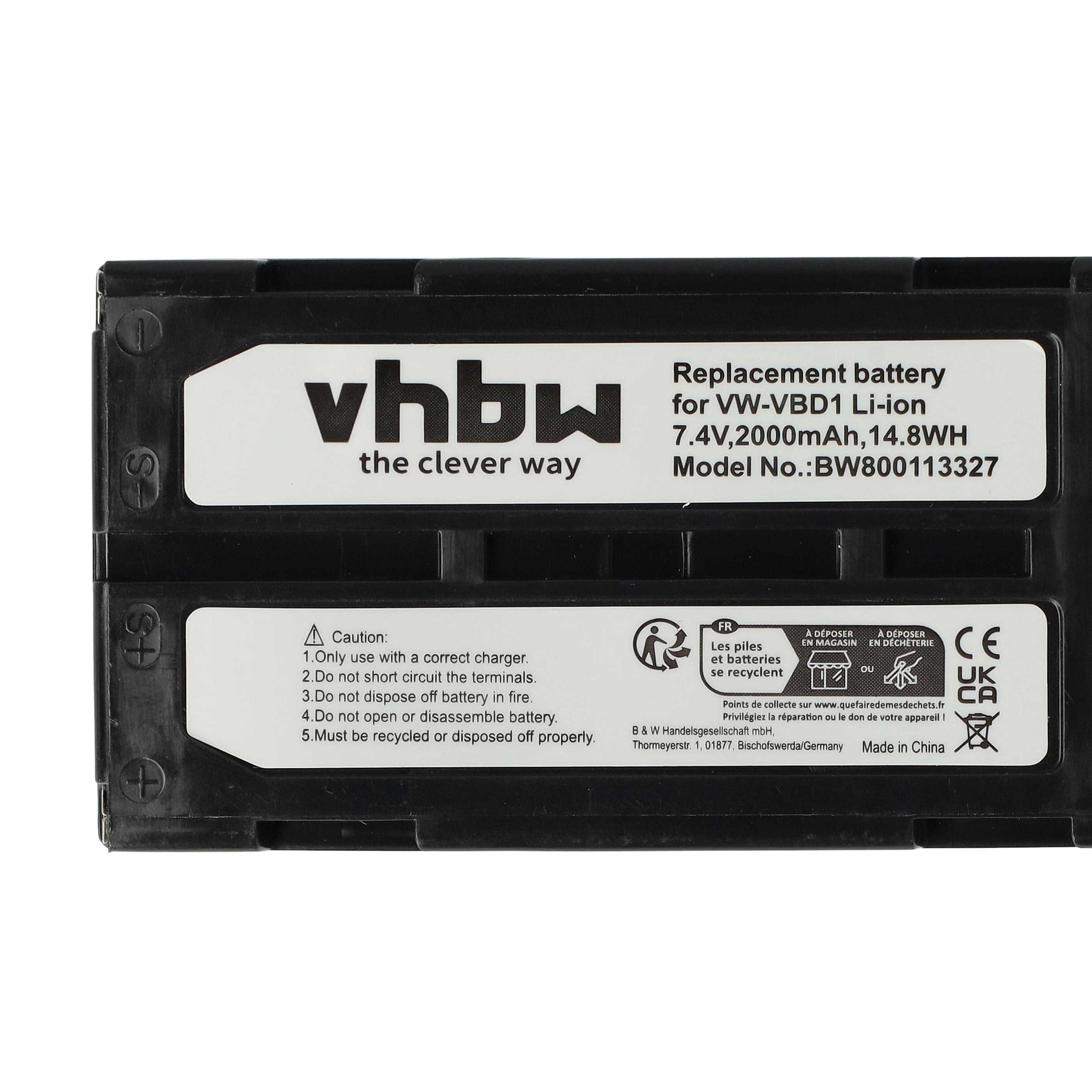 Schwarze vhbw Ersatzbatterie mit Warnhinweisen, weißer Hintergrund.