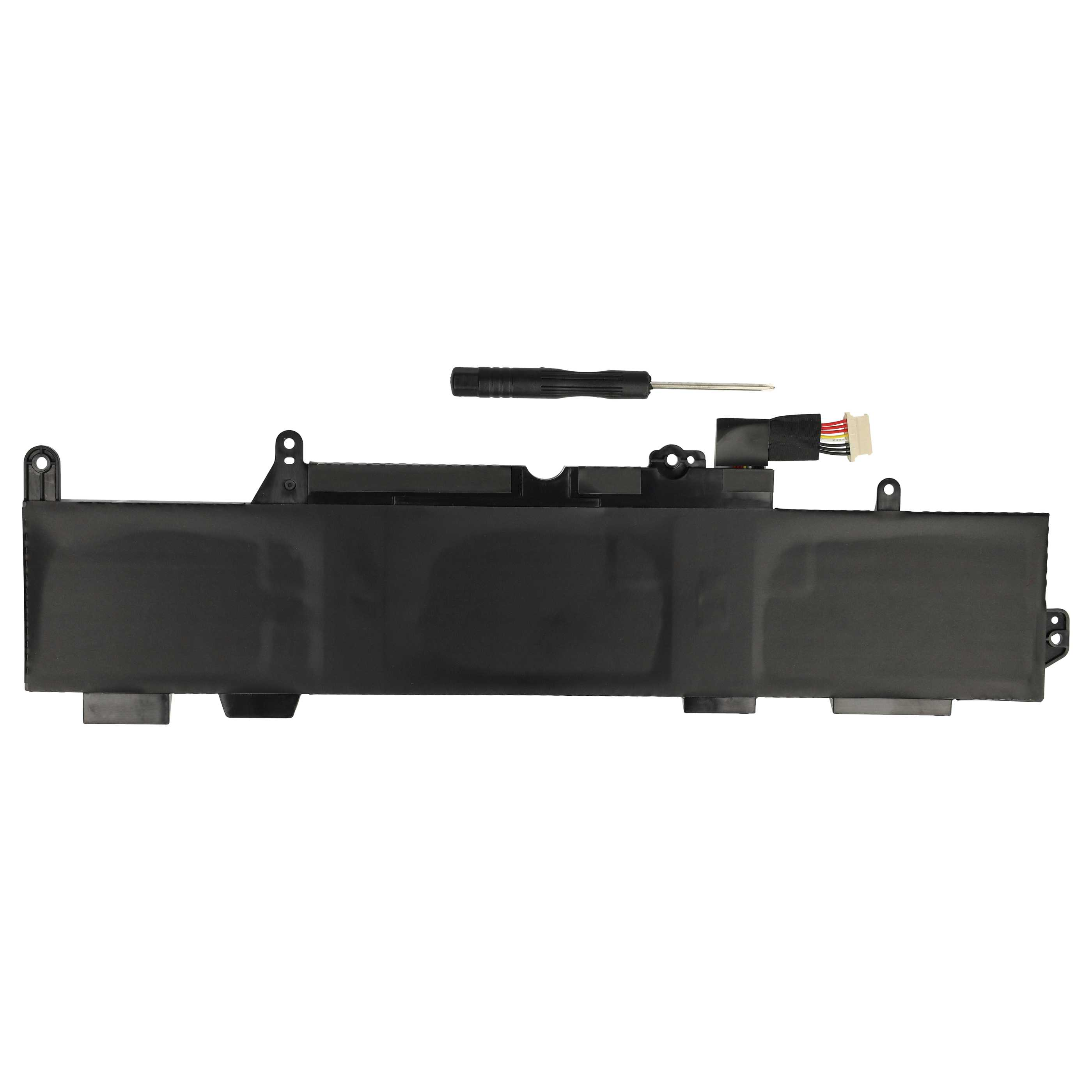 Ein schwarzer Laptop-Akku. Die Batterie hat einen Anschluss und einen Schraubendreher.