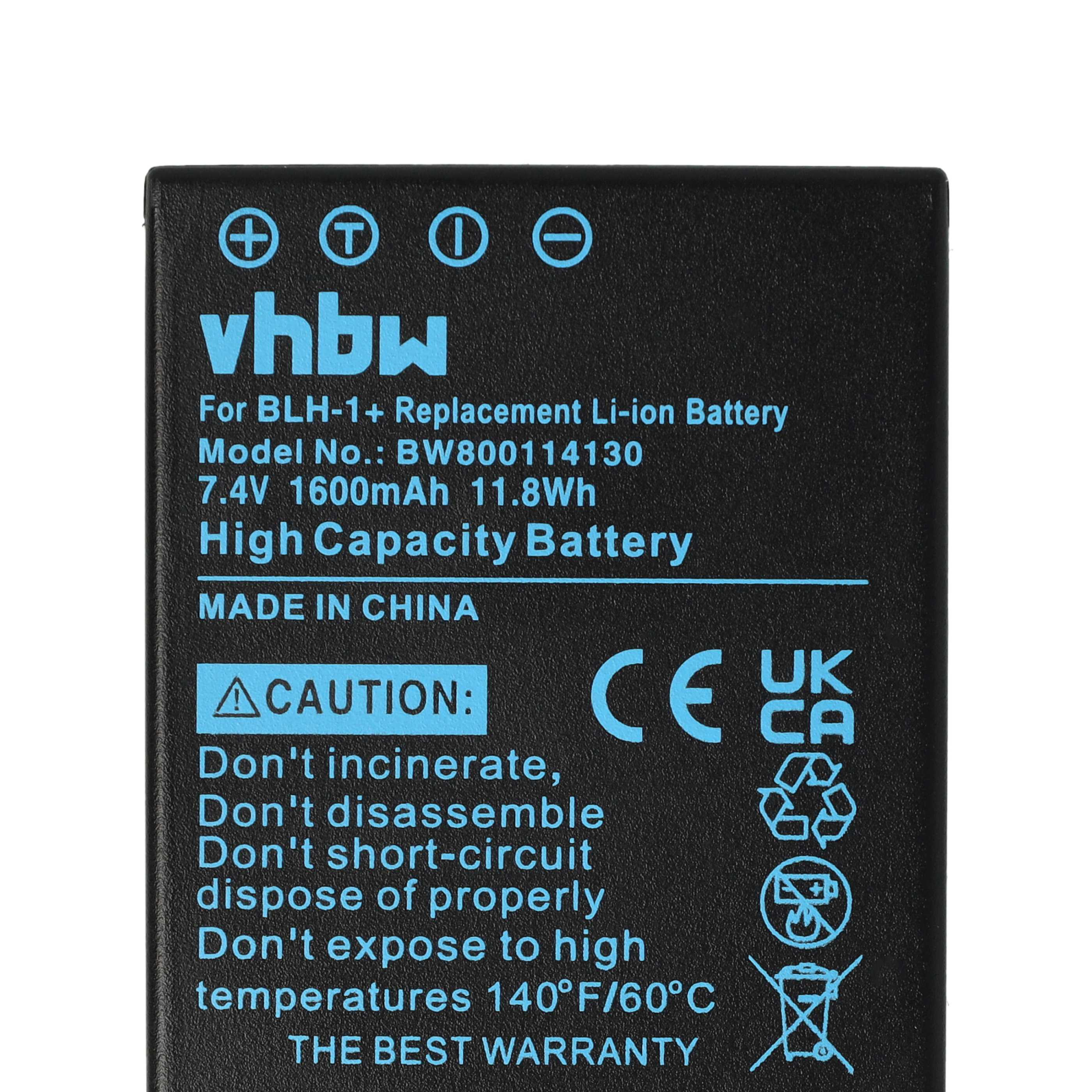 Schwarz-blaues Batterieetikett mit Text. Enthält Warnhinweise und Symbole.