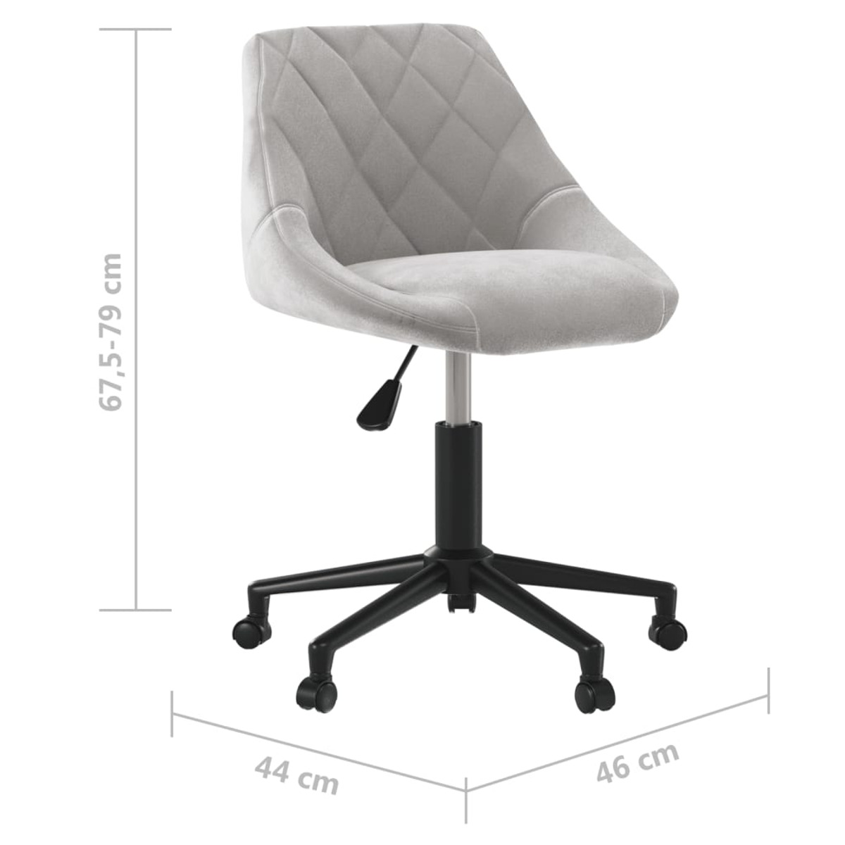 Grauer Bürostuhl mit schwarzem Fuß und Rollen. Maße: 67,5-79 cm Höhe, 44x46 cm Breite.