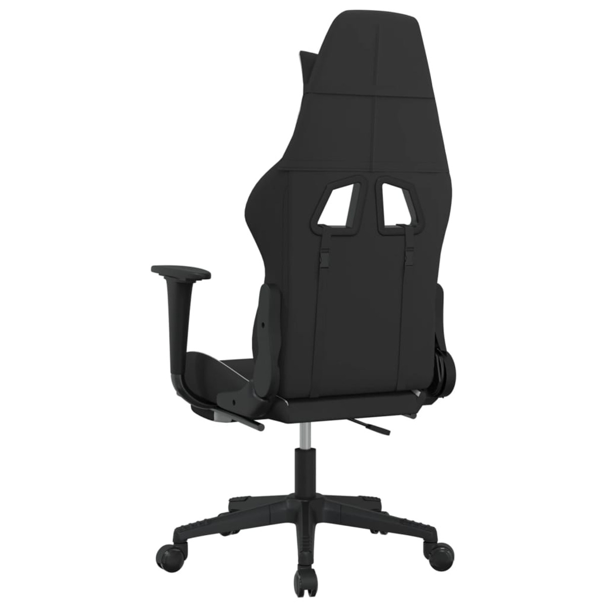 Schwarzer Gaming-Stuhl von hinten gesehen. Er hat eine hohe Rückenlehne und Räder.