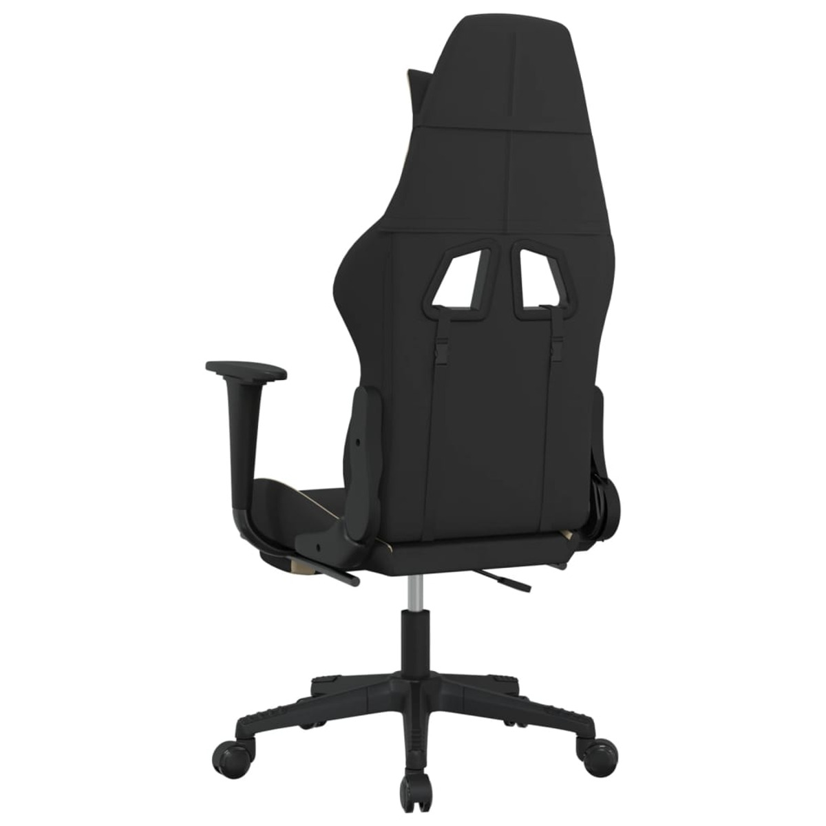 Schwarzer Gaming-Stuhl von hinten, zeigt Rückenlehne, Armlehnen und Räder.