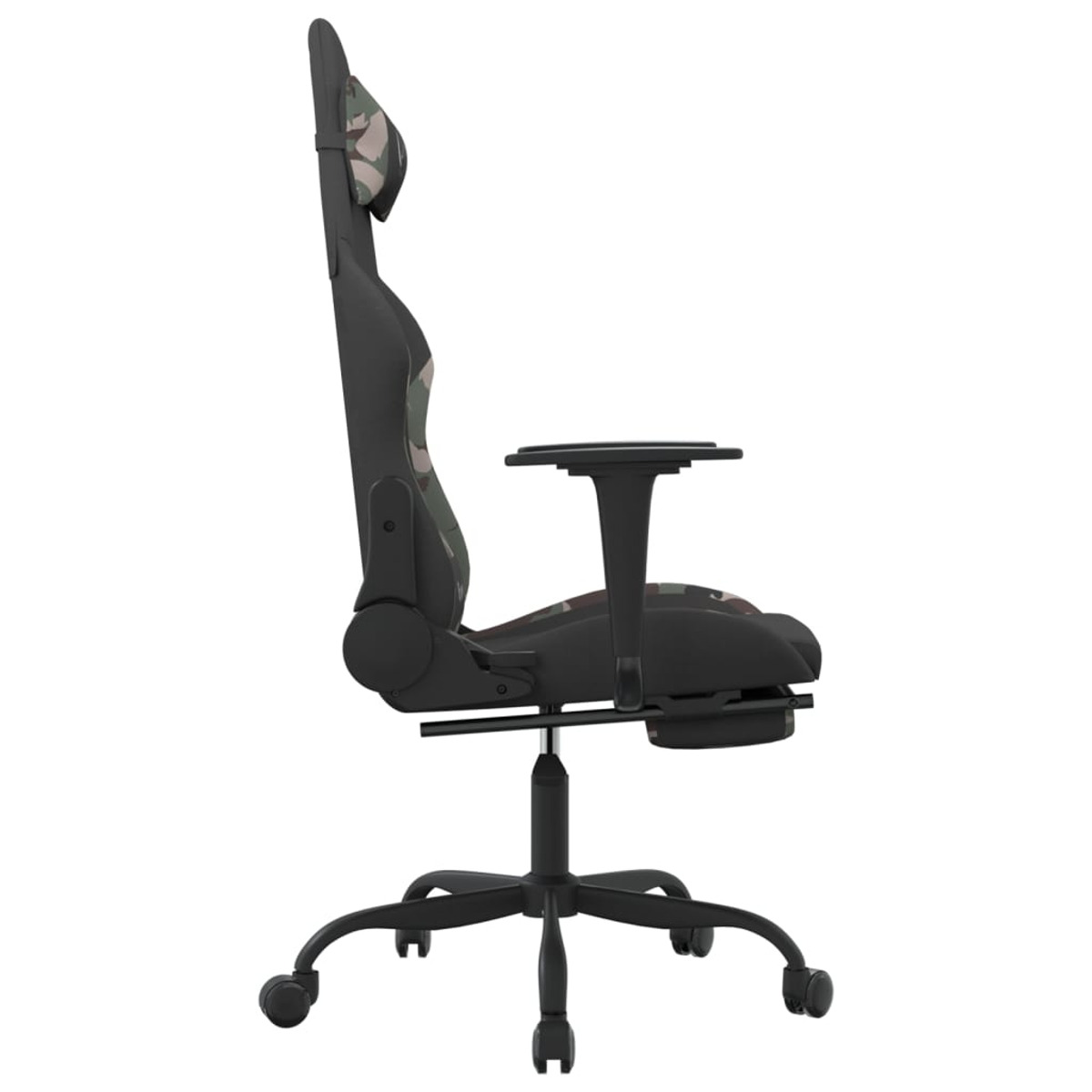 Seitenansicht eines Gaming-Stuhls, schwarz mit Camo-Kopfstütze.