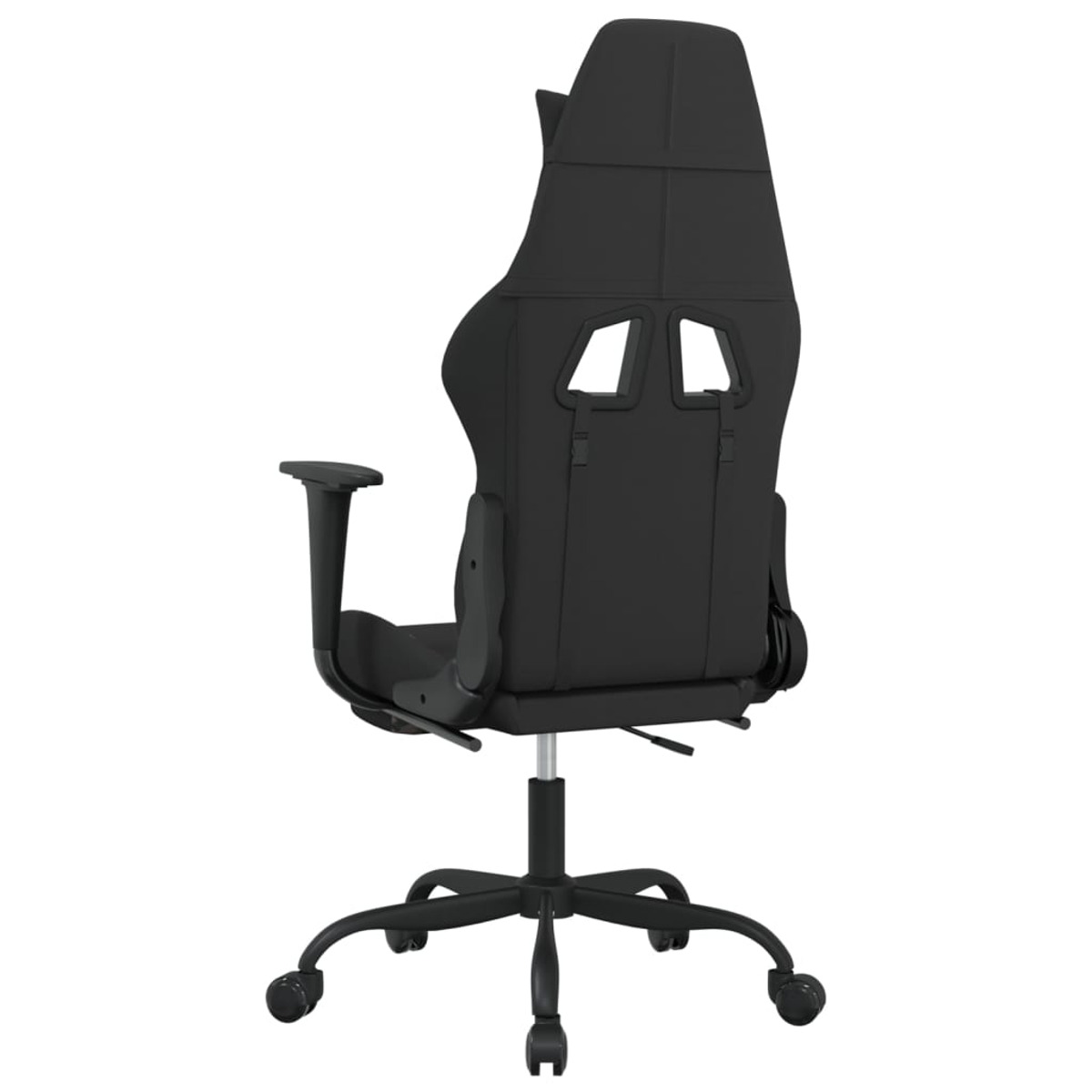 Schwarzer Gaming-Stuhl. Rückansicht. Räder und Armlehnen sichtbar. Weißer Hintergrund.