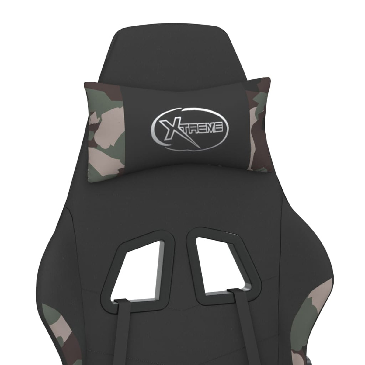 Schwarzer Gaming-Stuhl mit Camo-Kopfstützenkissen und offenem Rückendesign.