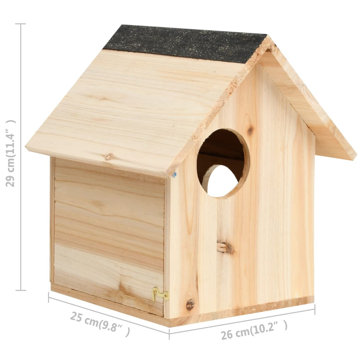 Vogelhaus aus Holz mit rundem Eingang. Es ist rechteckig mit einem Satteldach.
