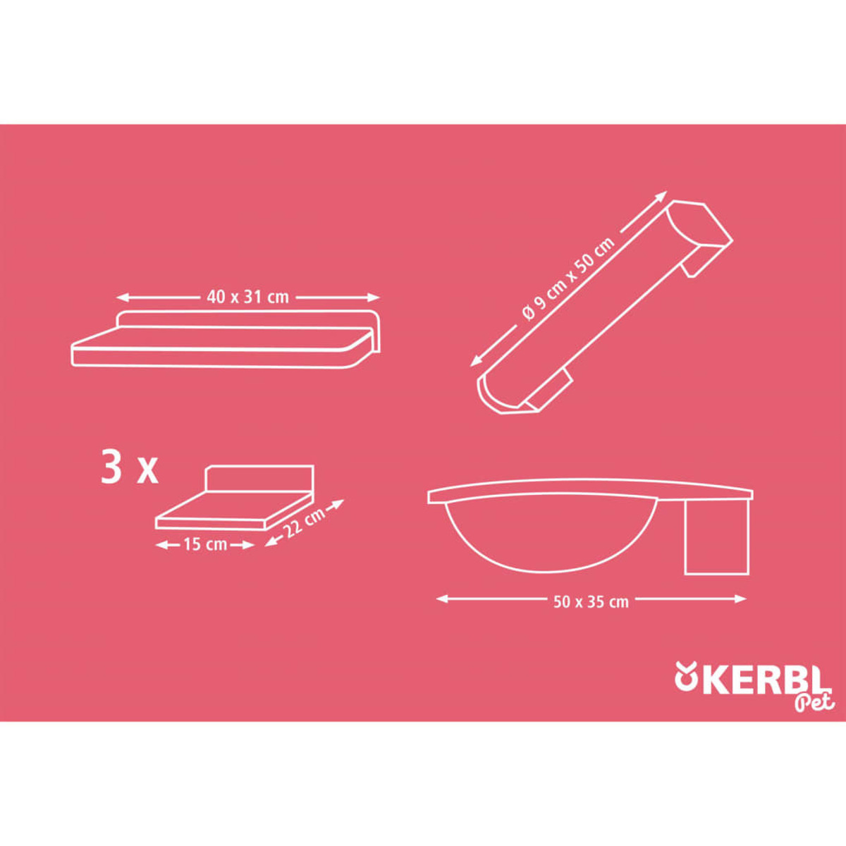 Drei Diagramme von Tierproduktkomponenten auf rosa Hintergrund. Die Diagramme zeigen Formen mit Abmessungen.