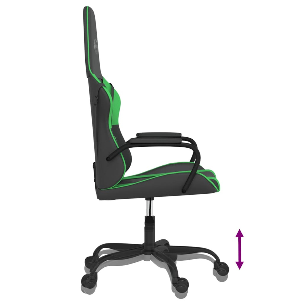 Schwarzer und grüner Gaming-Stuhl. Seitenansicht mit Höhenverstellpfeil.