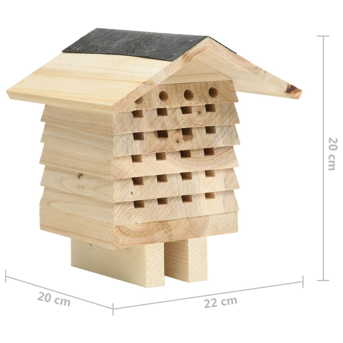 Insektenhotel aus Holz mit mehreren Schichten, Löchern und einem flachen Dach, mit Maßangaben.