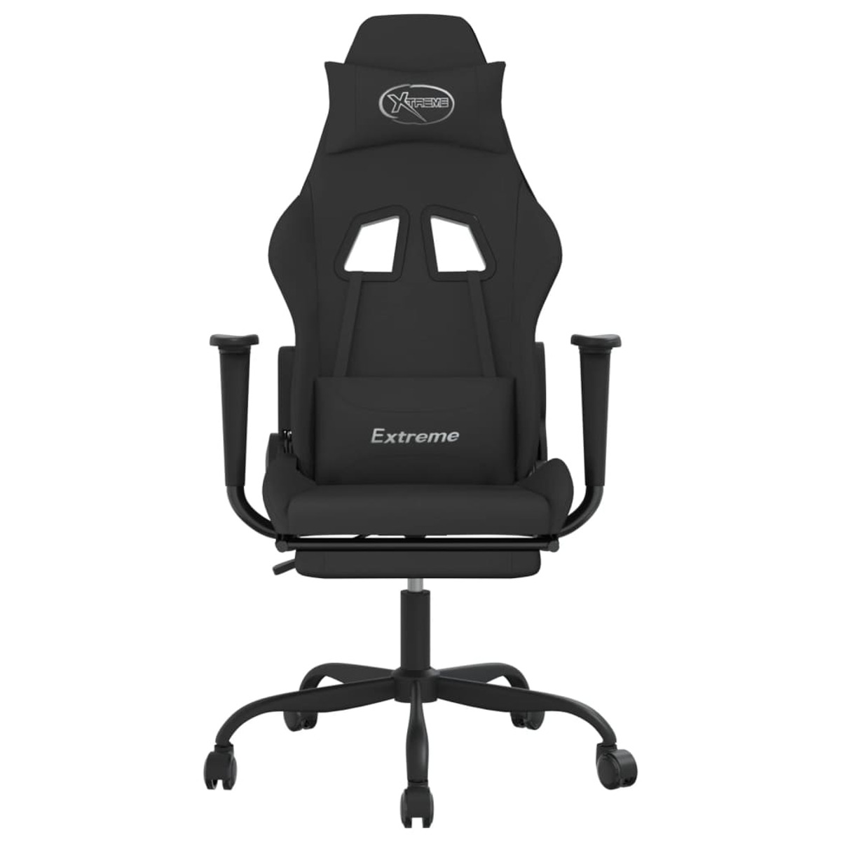 Schwarzer Gaming-Stuhl mit Kopfstütze und Armlehnen. Er hat Räder und eine Fußstütze.