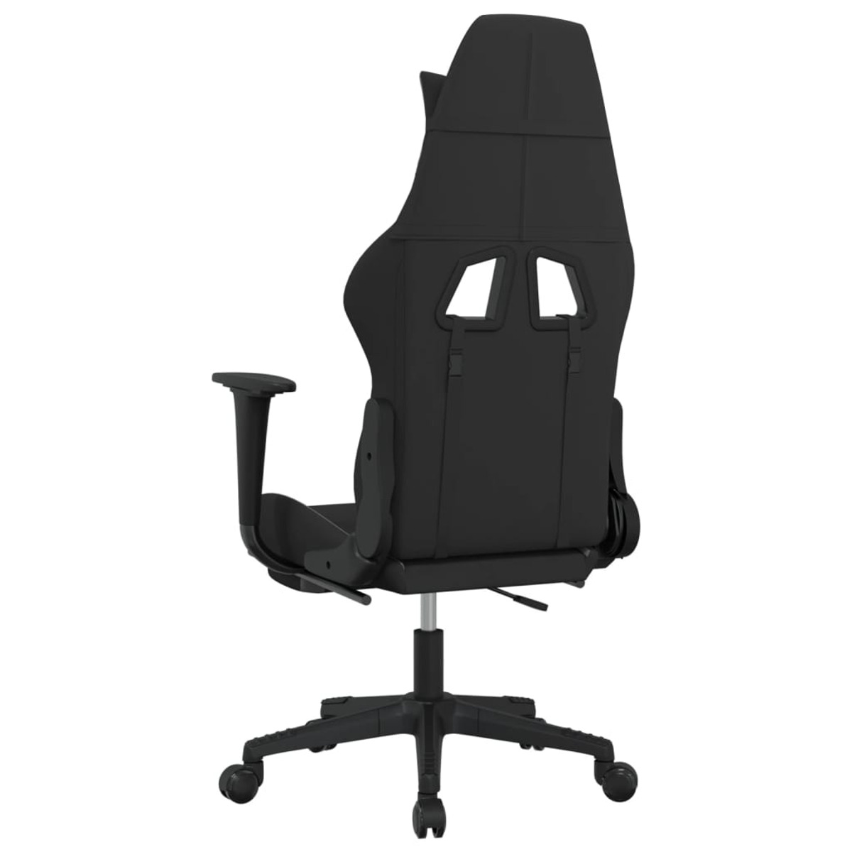 Schwarzer Gaming-Stuhl mit hohem Rücken und Aussparungen. Rückansicht, auf schwarzem Untergestell.