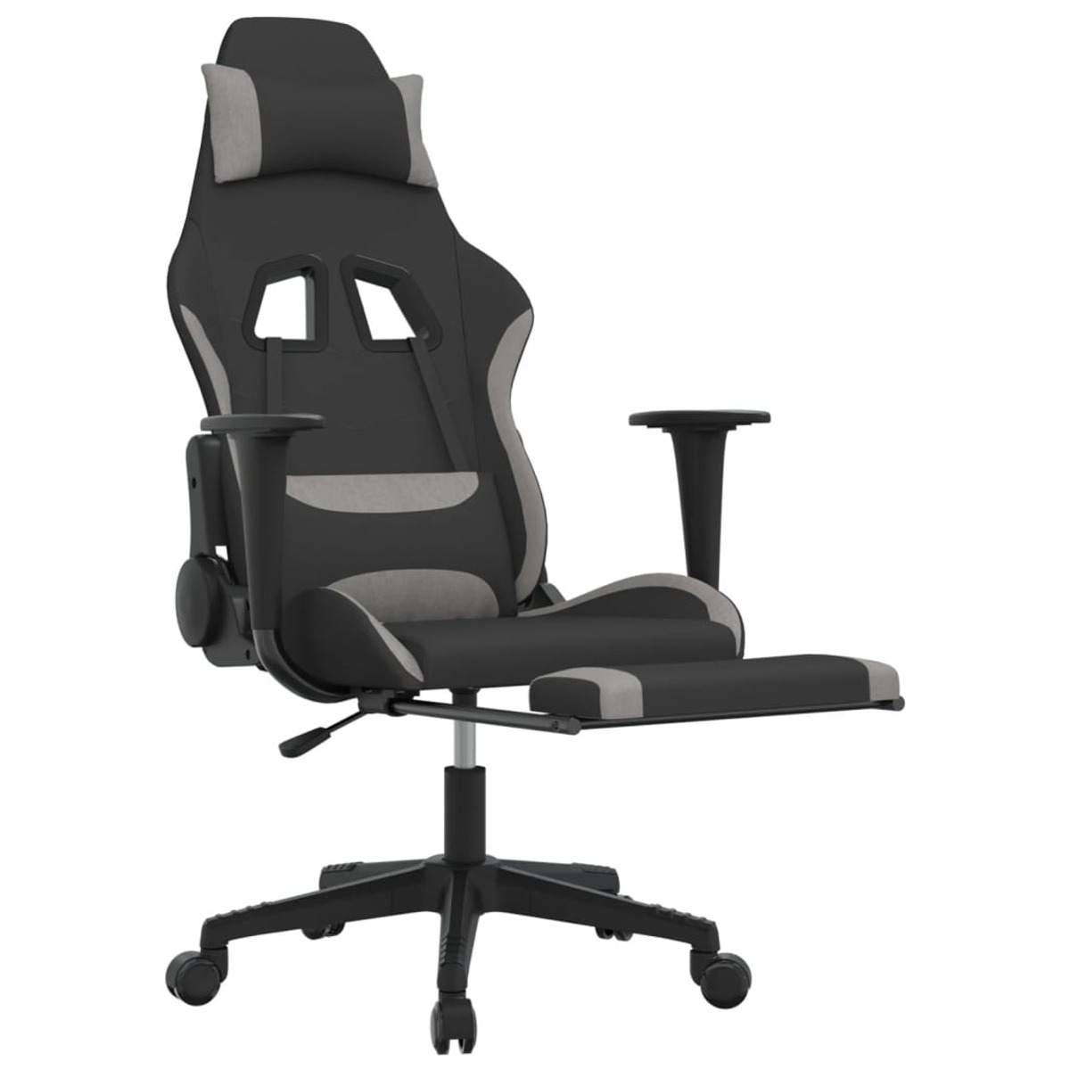 Schwarzer und grauer Gaming-Stuhl mit Kopfstütze, Armlehnen und Fußstütze auf Rädern.