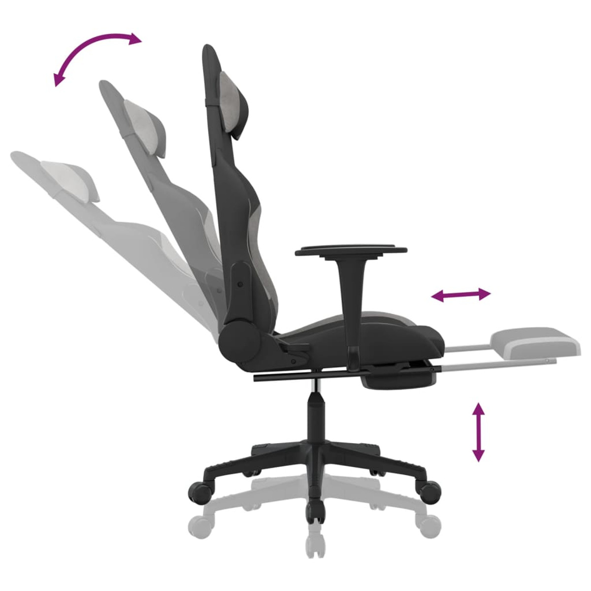 Gaming-Stuhl in Bewegung. Der Stuhl ist schwarz und grau, mit verstellbaren Teilen.