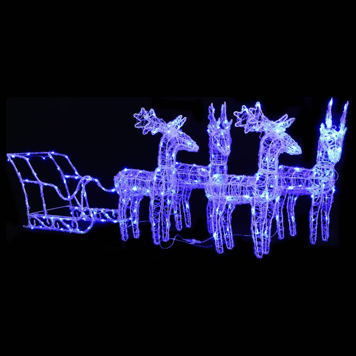 Blaue LED-Rentier- und Schlitten-Weihnachtsanzeige, vor schwarzem Hintergrund.
