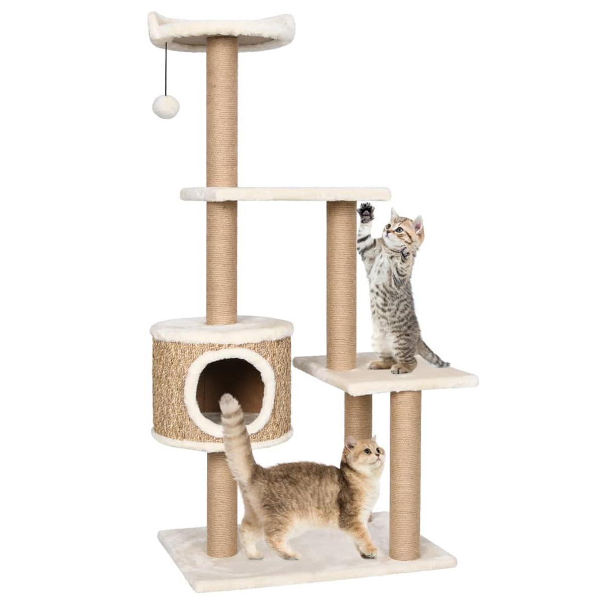 Ein mehrstöckiger Katzenbaum mit zwei Kätzchen. Eines klettert, das andere schaut hoch. Beige und braun.