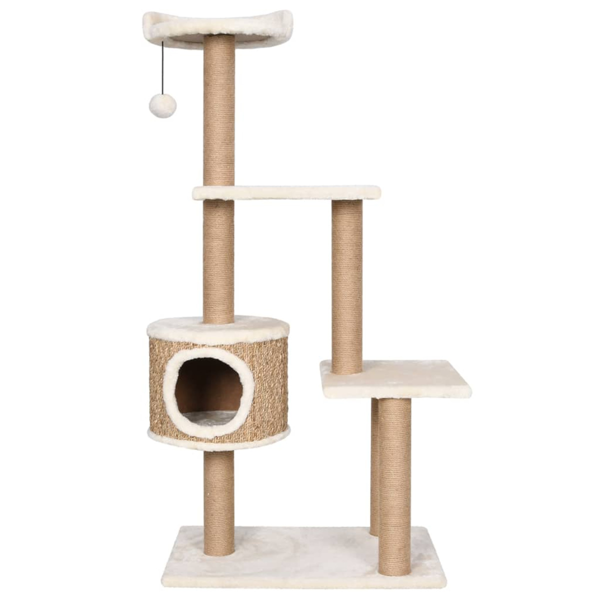Katzenbaum mit mehreren Ebenen. Er hat Plattformen, ein Haus, eine Leiter und eine Kugel.