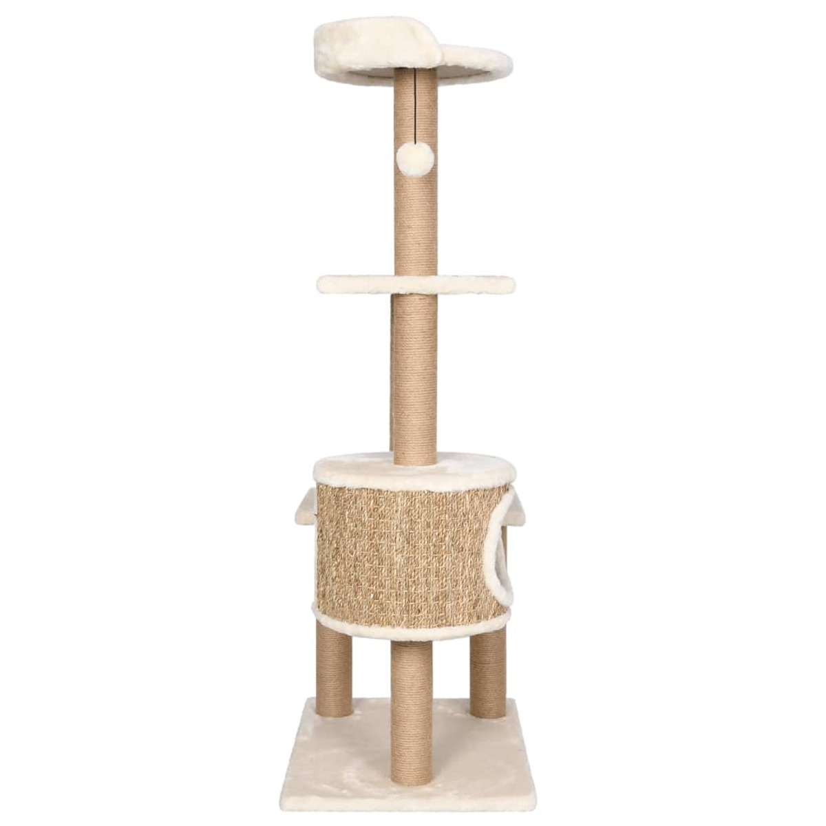 Ein Kratzbaum. Beige und braun, mit mehreren Ebenen und einem hängenden Spielzeug.