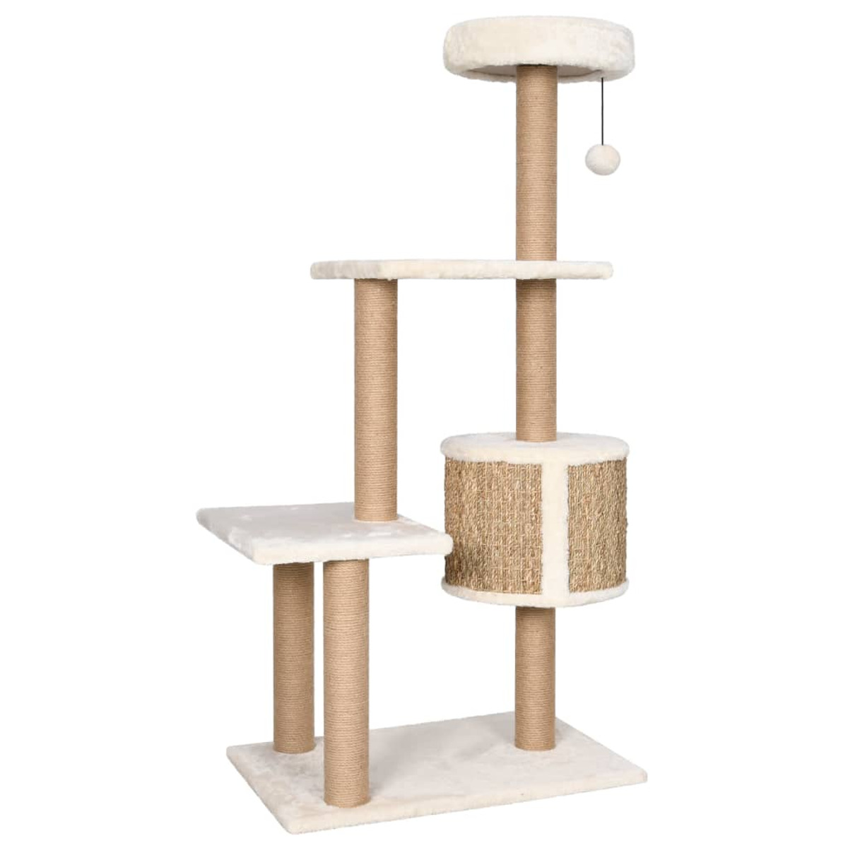 Katzenbaum mit mehreren Ebenen, Kratzbäumen und einer hängenden Kugel. Beige Farbe und weißer Hintergrund.