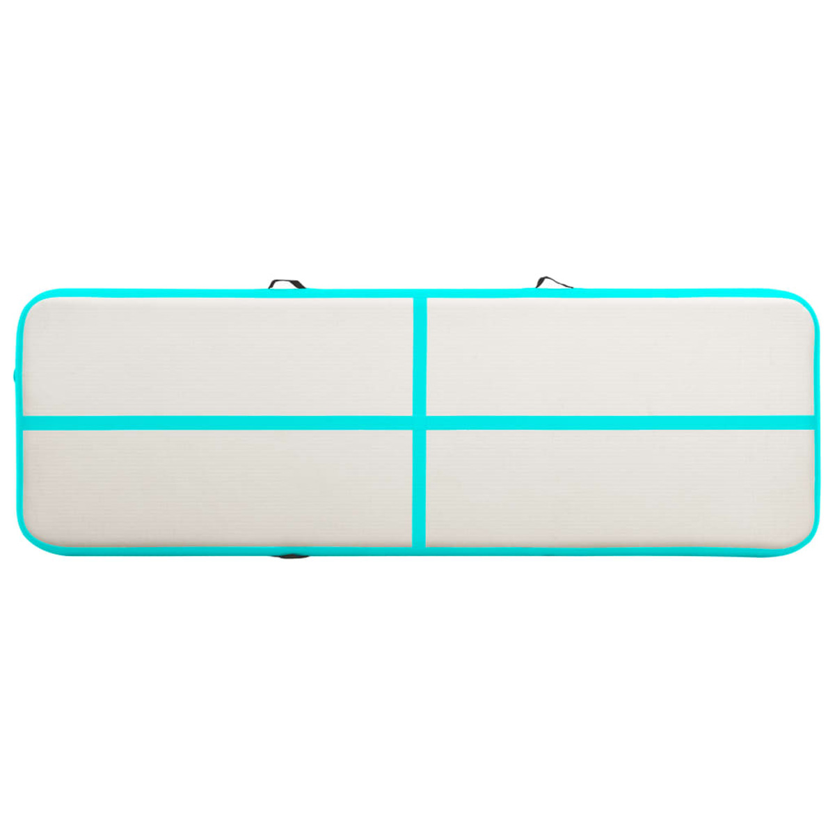 Un tappeto da ginnastica gonfiabile. È rettangolare con bordo e linee blu.