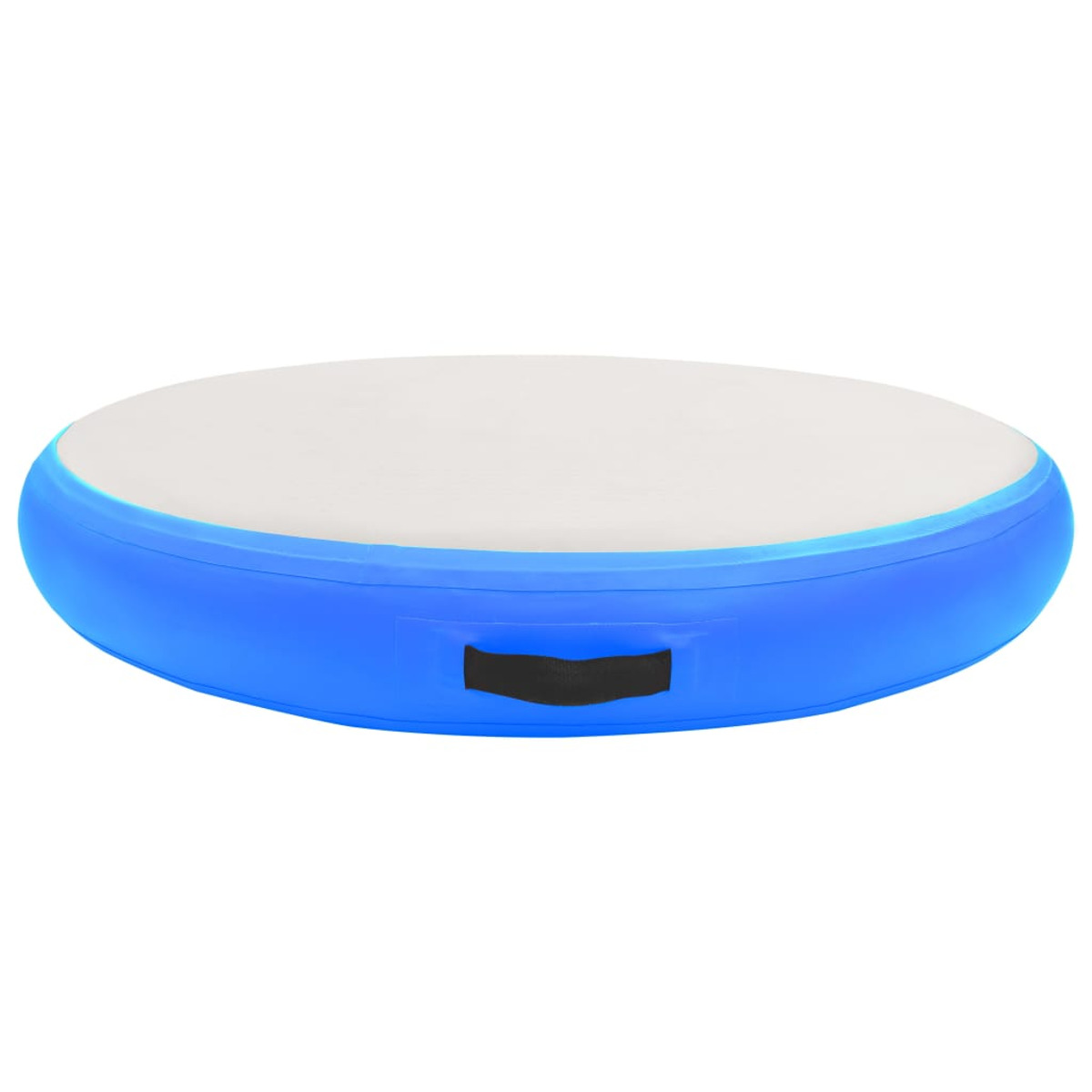 Eine blaue aufblasbare Airtrack-Matte mit einem schwarzen Griff an der Seite.