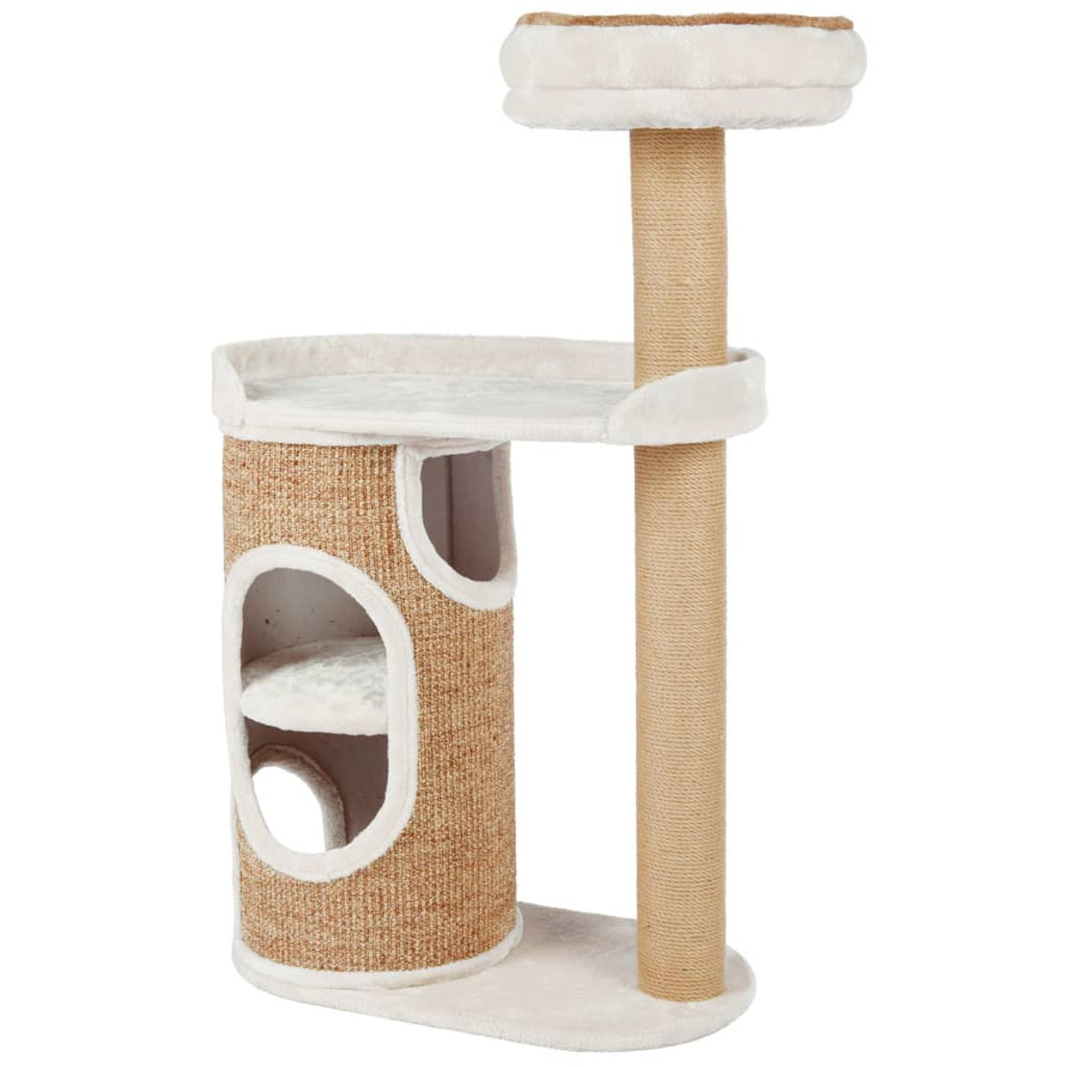 Albero per gatti con più livelli, palo per graffi e un letto accogliente in cima.