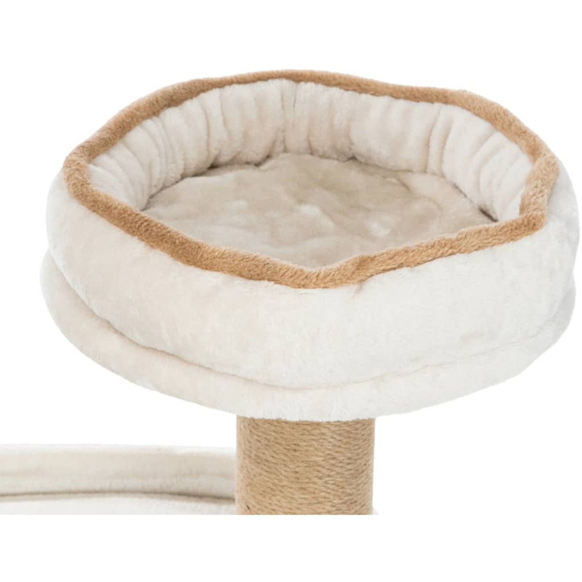 Sezione superiore di un albero per gatti. Letto rotondo, bianco, soffice, in peluche con bordo marrone. Su colonna beige.