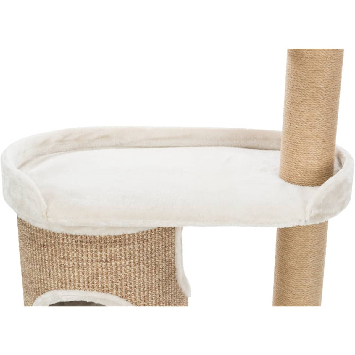 Albero per gatti con piattaforma beige, palo rivestito in sisal e rifugio beige. Sfondo bianco.