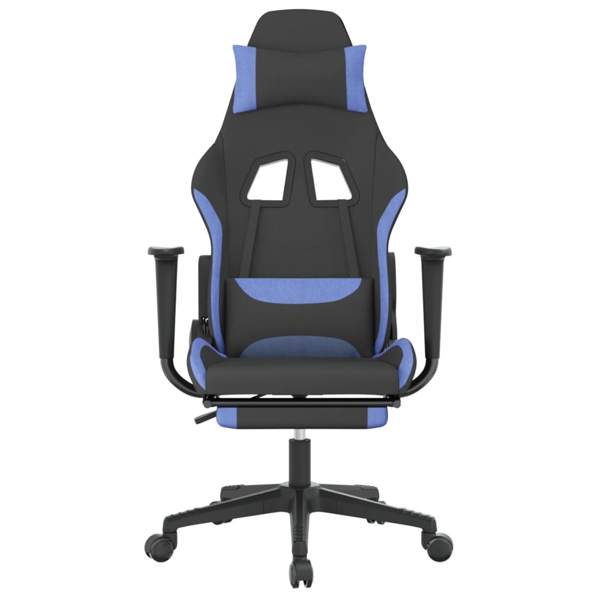 Schwarz-blauer Gaming-Stuhl. Er hat eine Kopfstütze, Lendenwirbelstütze und Armlehnen. Auf schwarzem Sockel.