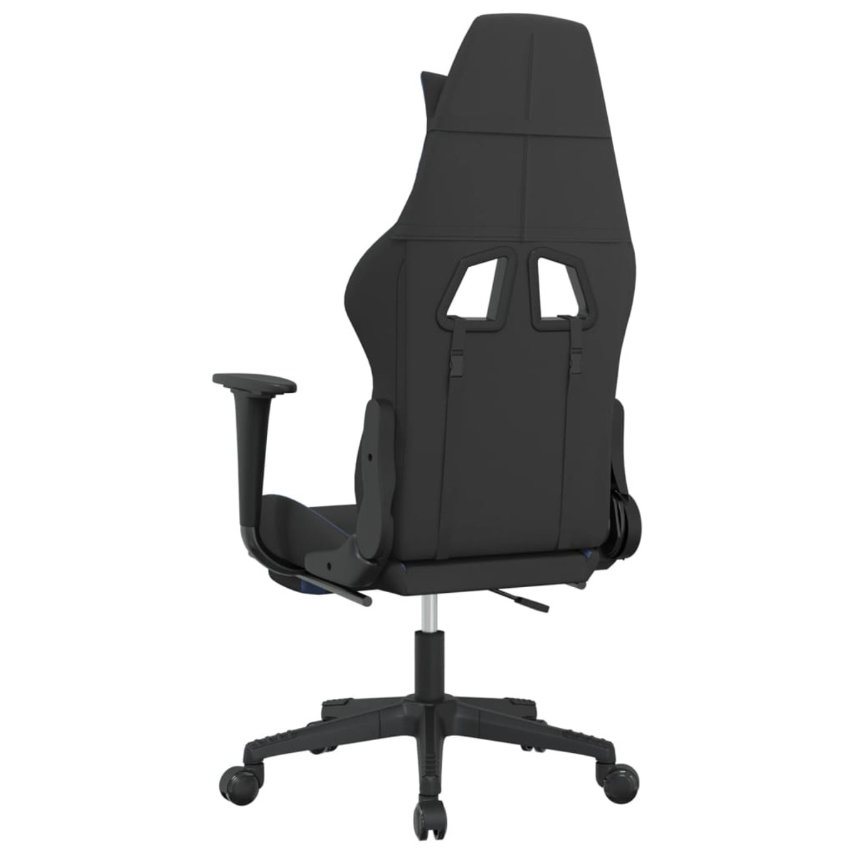 Ein schwarzer Gaming-Stuhl, Rückansicht, mit hohem Rücken, Rädern und einem Fünf-Punkt-Fuß.