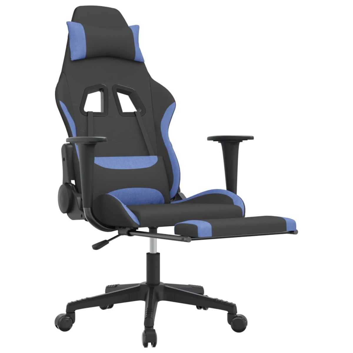 Gaming-Stuhl, schwarz mit blauen Akzenten. Mit Fußstütze. Weißer Hintergrund.