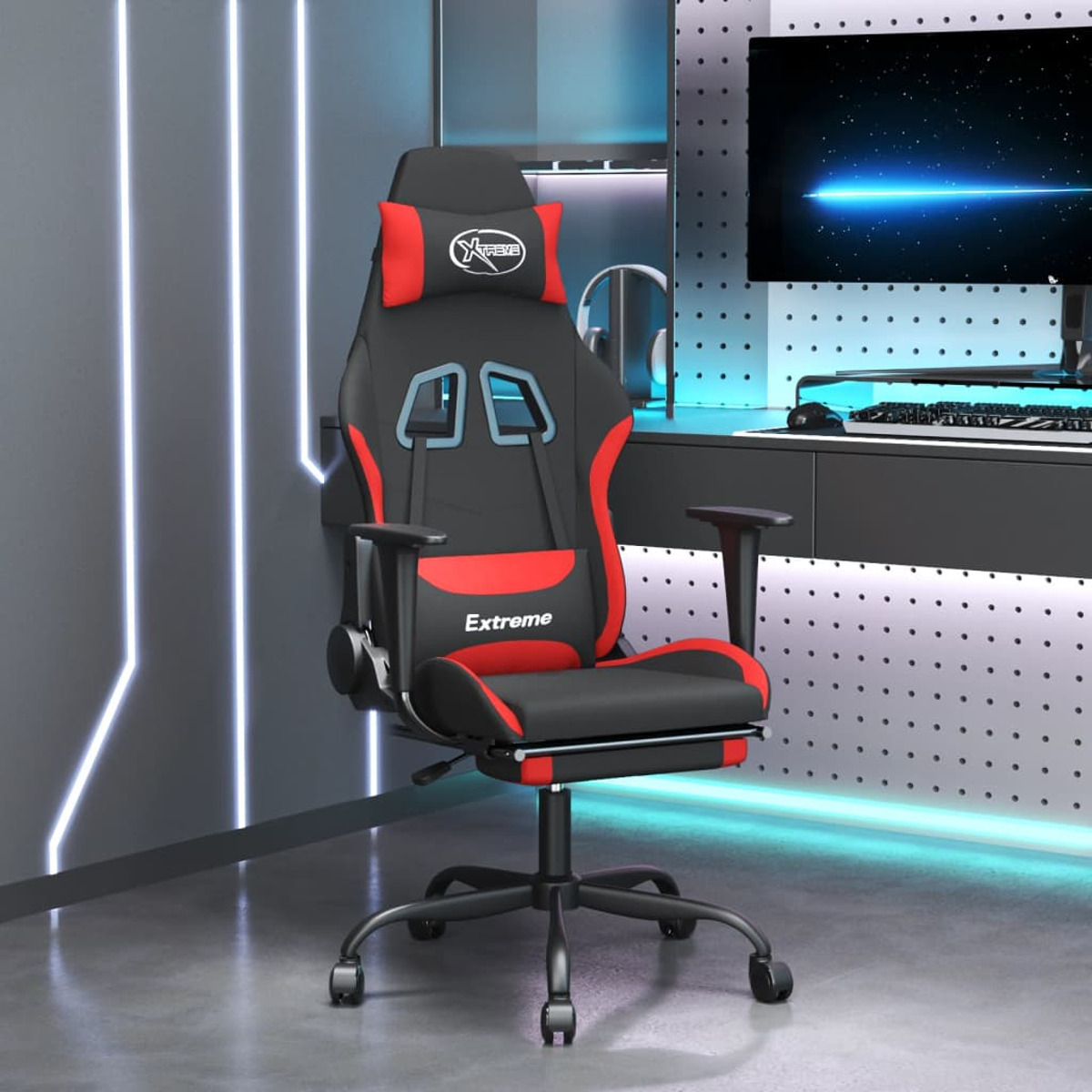 Schwarzer und roter Gaming-Stuhl mit Kopfstütze.