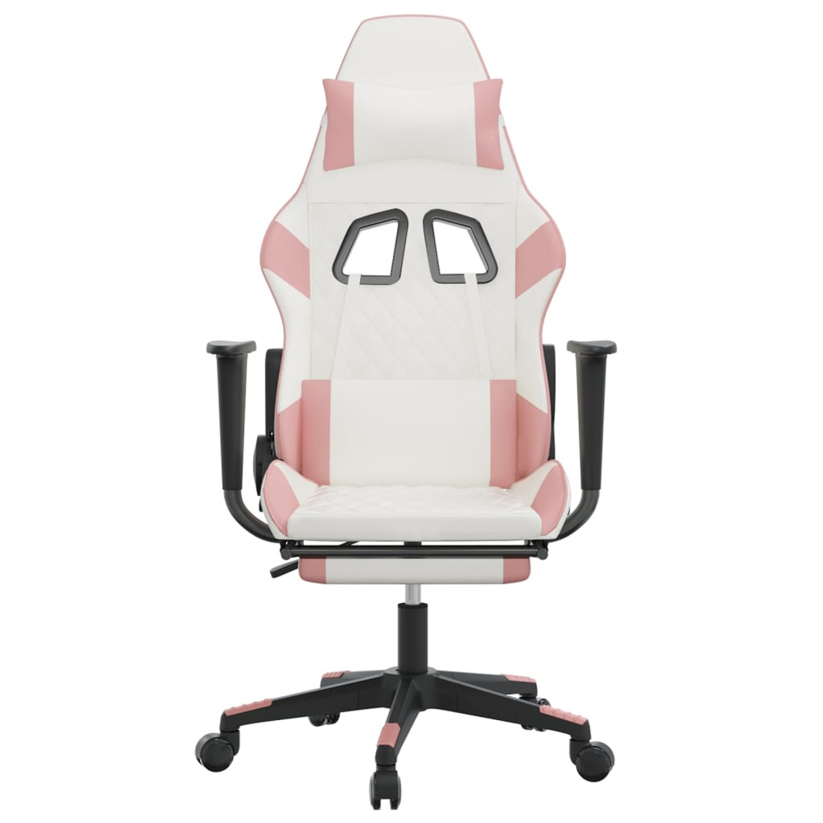 Pinkfarbener und weißer Gaming-Stuhl. Schwarze Armlehnen, Basis und Räder. Weißer Hintergrund.
