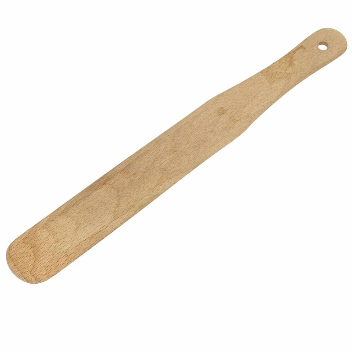 Drewniana szpatułka, cienka i długa, z zaokrąglonym końcem i otworem do zawieszania.
