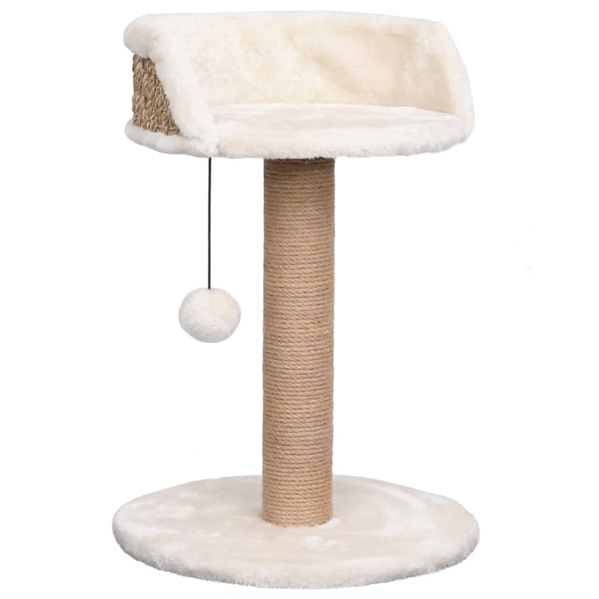 Ein Kratzbaum mit einer beige Sisal umwickelten Stange, einem flauschigen Bett und einer hängenden Kugel.