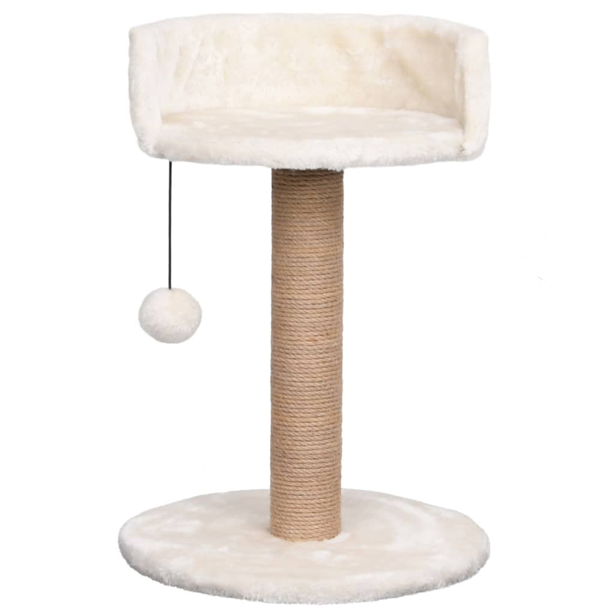Kratzbaum mit beigefarbenen Plüschoberflächen, einer seilumwickelten Säule und einem hängenden Ballspielzeug.