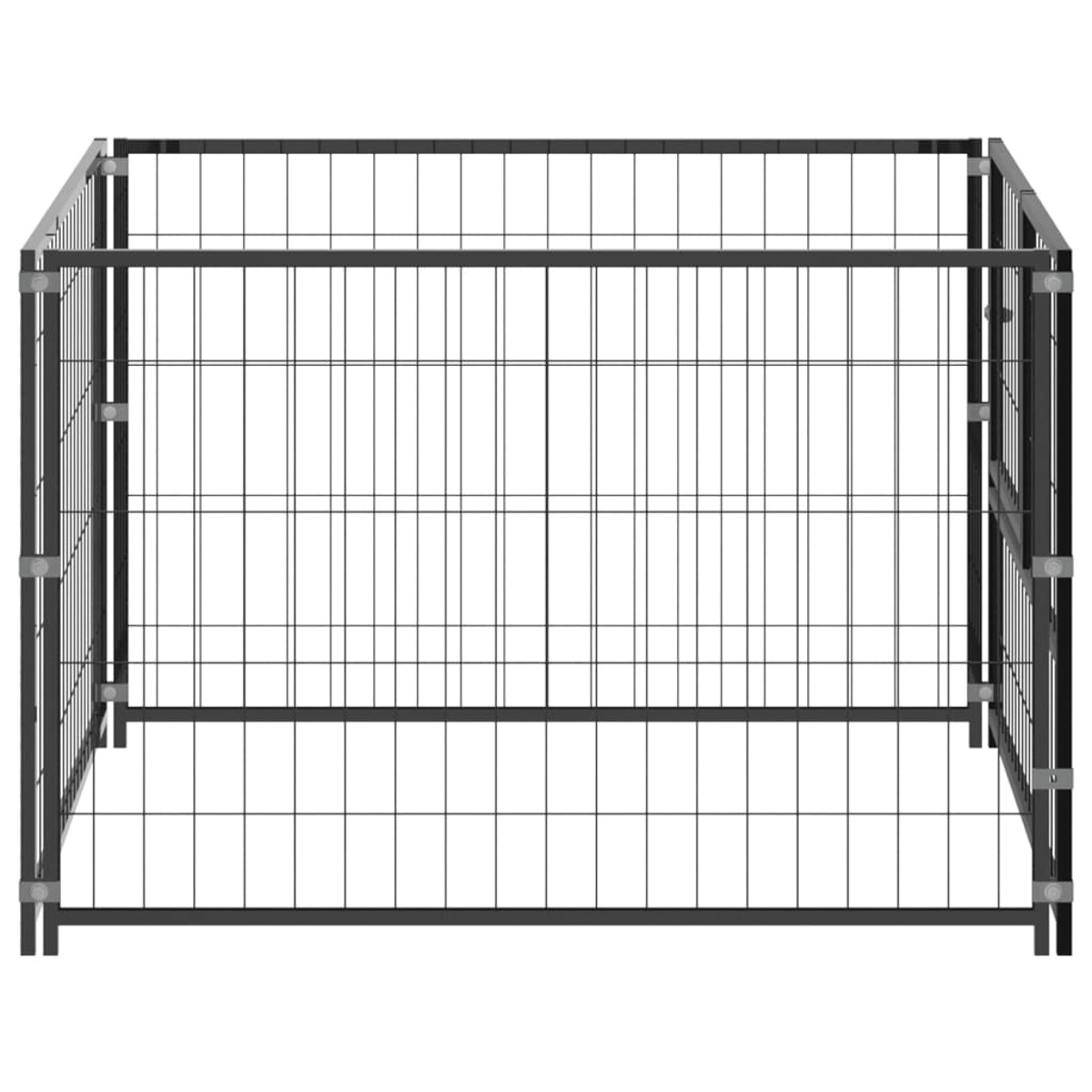Ein schwarzes Metall-Haustiergehege, rechteckig mit Gitterseiten und -oberseite.