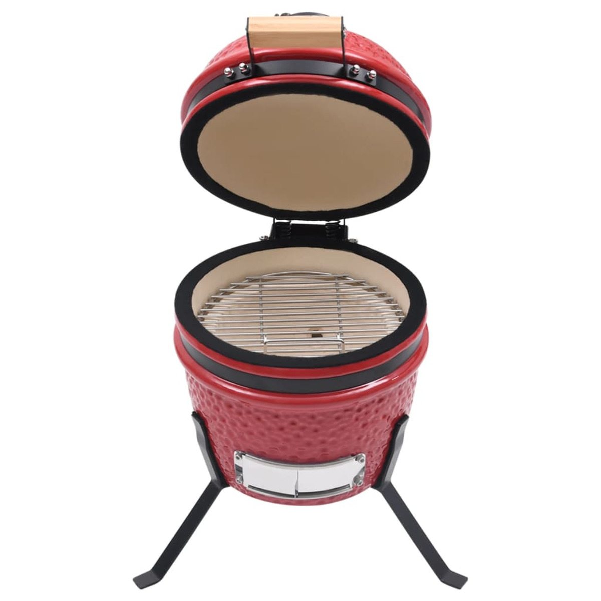 Roter Keramikgrill mit offenem Deckel, Metallrost und schwarzen Beinen. Weißer Hintergrund.