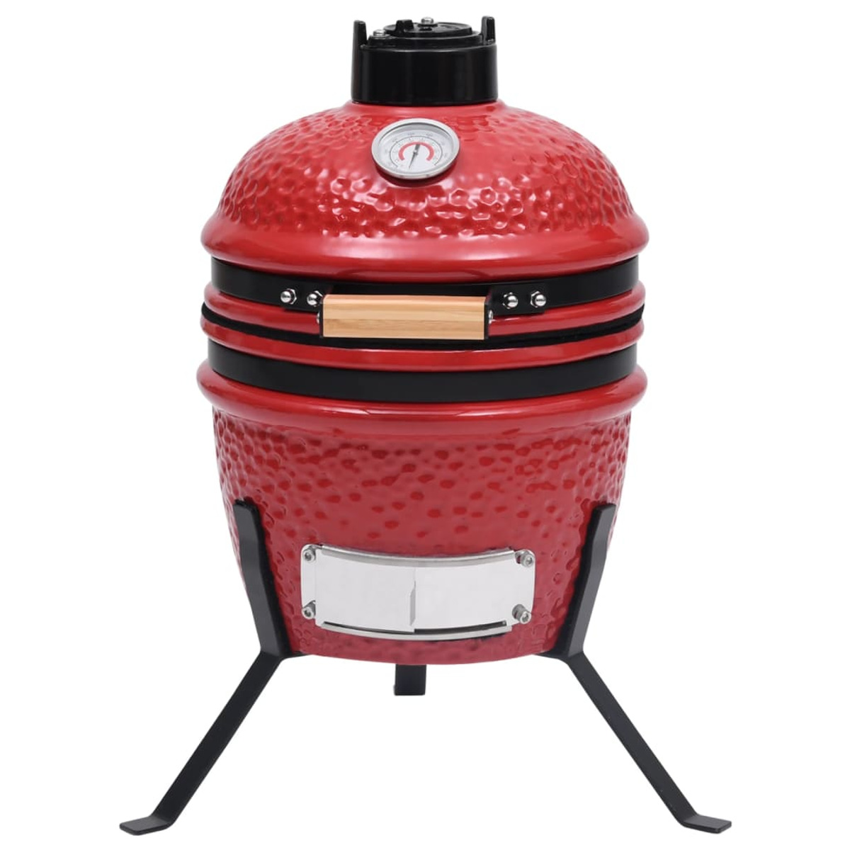 Roter Kamado-Grill mit schwarzen Akzenten, Thermometer und drei Beinen.