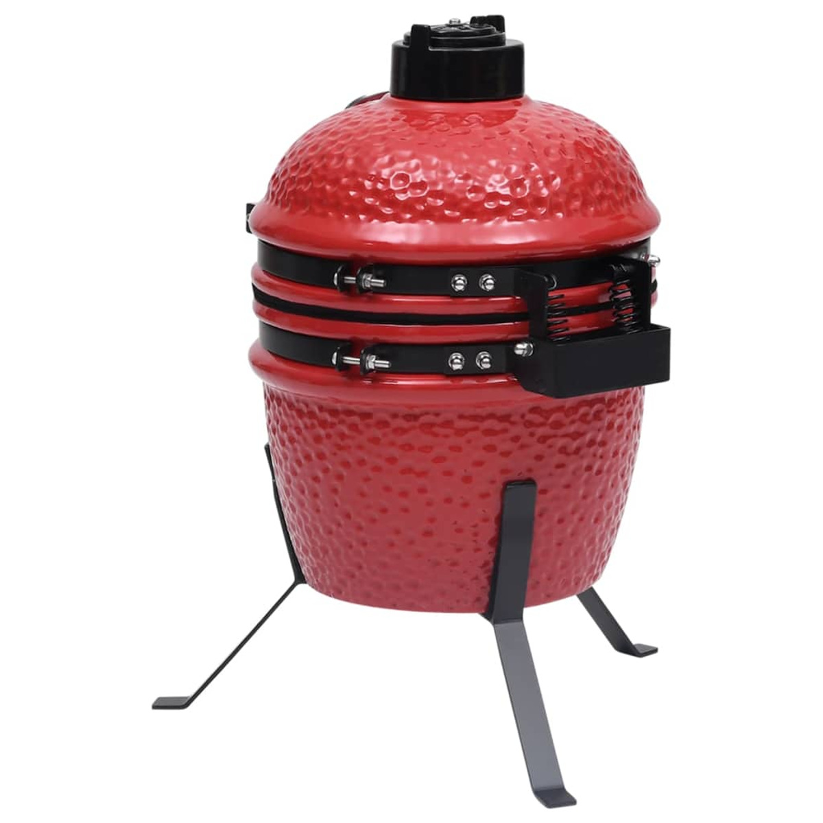 Roter Keramik-Kamado-Grill. Schwarze Akzente und Beine. Schwarze obere Entlüftung. Weißer Hintergrund.