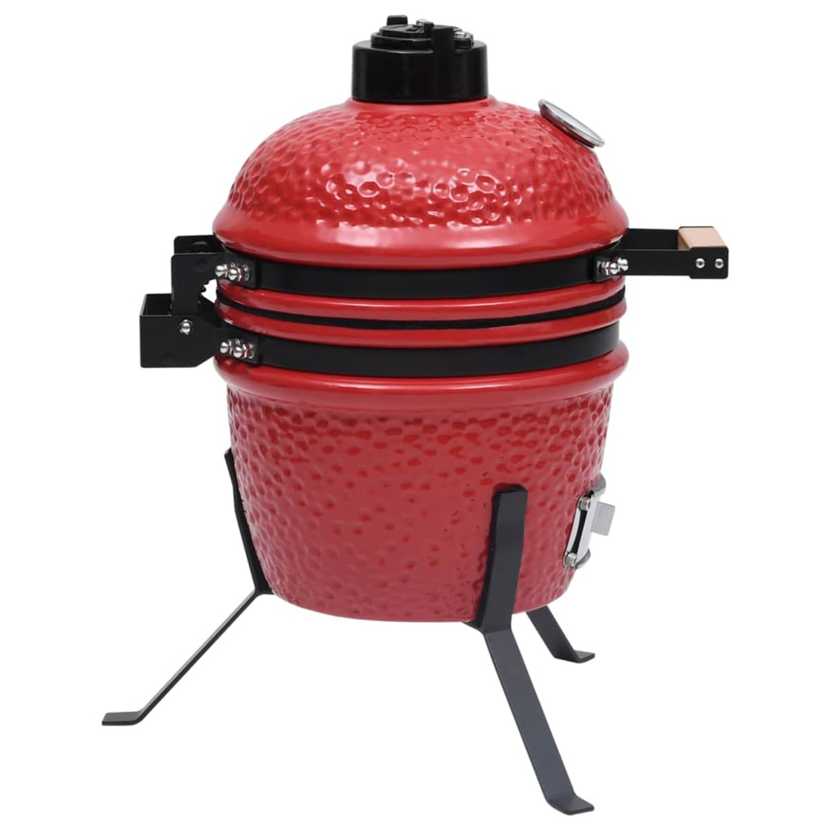 Ein roter Keramik-Kamado-Grill mit schwarzen Akzenten, einem Thermometer und einem schwarzen Ständer.
