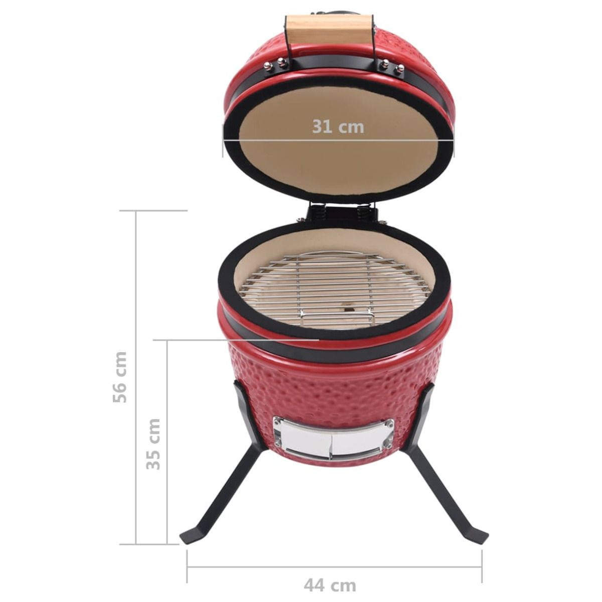 Roter Kamado-Grill mit offenem Deckel. Abmessungen: 44x35x56 cm.