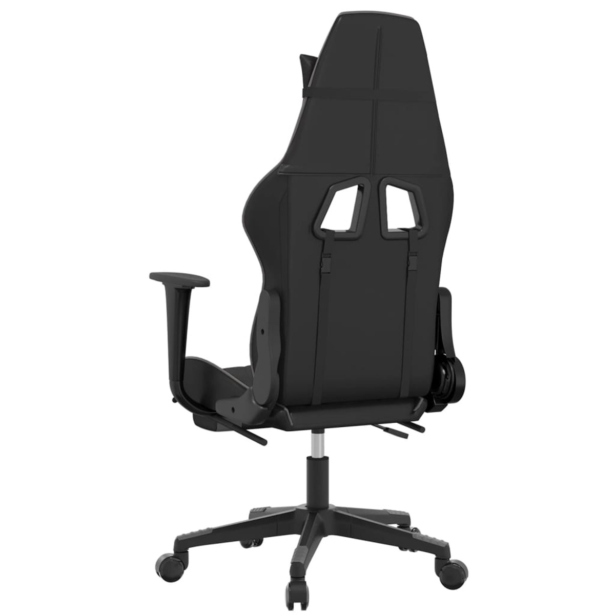 Rückansicht eines schwarzen Gaming-Stuhls mit schwarzem Gestell und Rollen.