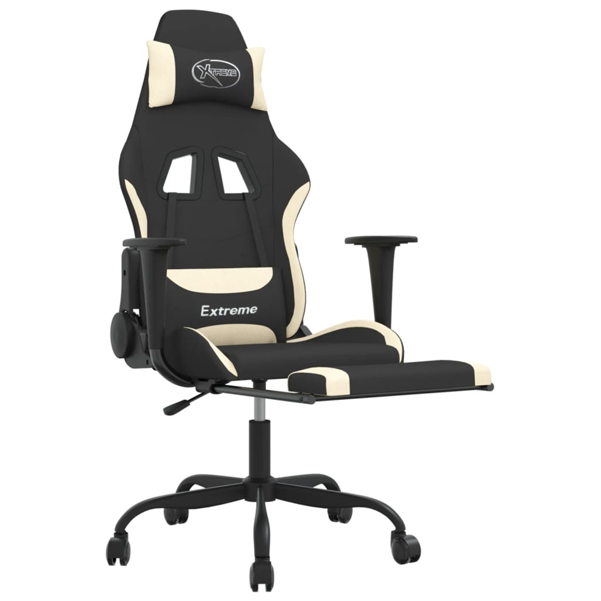 Schwarzer und cremefarbener Gaming-Stuhl. Er hat eine Kopfstütze, Armlehnen und eine Fußstütze.