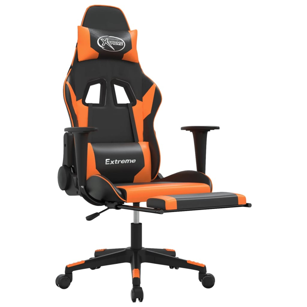 Gaming-Stuhl, schwarz mit orangefarbenen Akzenten, Fußstütze ausgezogen.