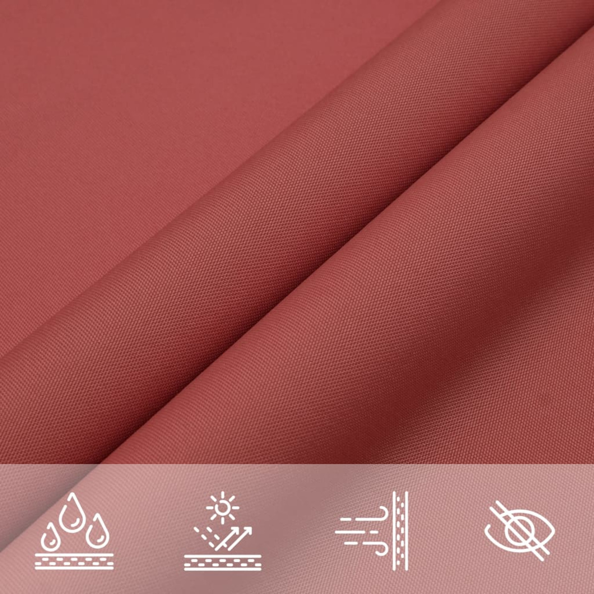 Nahaufnahme eines Stoffes, der Textur und Symbole für Wasserbeständigkeit, Sonnenschutz zeigt.