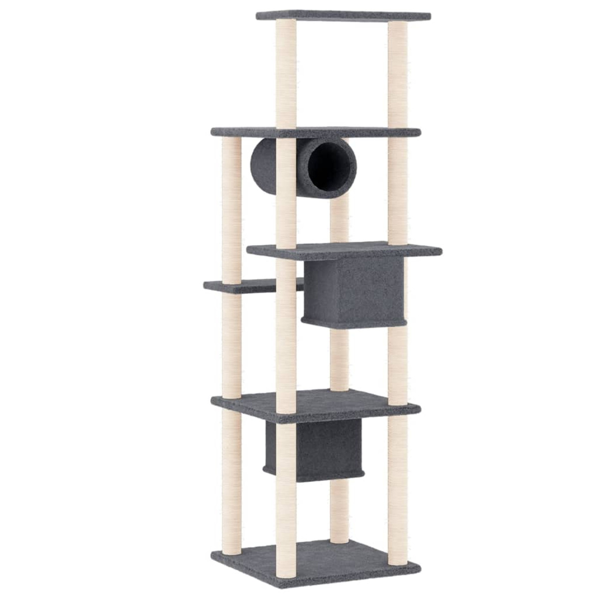 Ein hoher, mehrstufiger Katzenbaum mit Kratzpfosten und Plattformen.